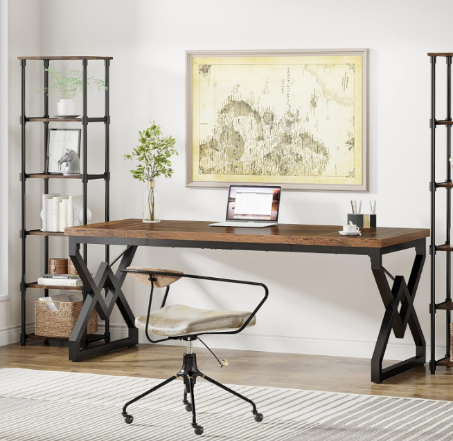 Executive Desk, Large Home Office Computer Desk with Extra Thick Wooden Tabletop and Metal Frame, Modern Simple Workstation Writing Table Study Desk for Home Office, Vintage Brown