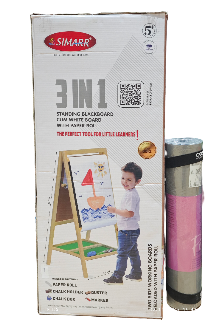 Simarr 3 in 1 Standing Blackboard Cum White Board with Paper Roll