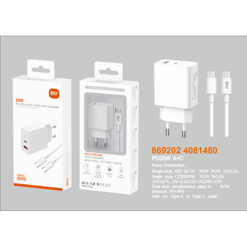 Cargador con cable USB-C a USB-C