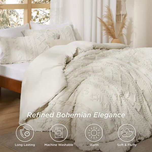 Pallet: 3Pcs Tufted Boho Farmhouse Shabby Chic Embroidery Beige Queen Size Comforter Set - Bedsure