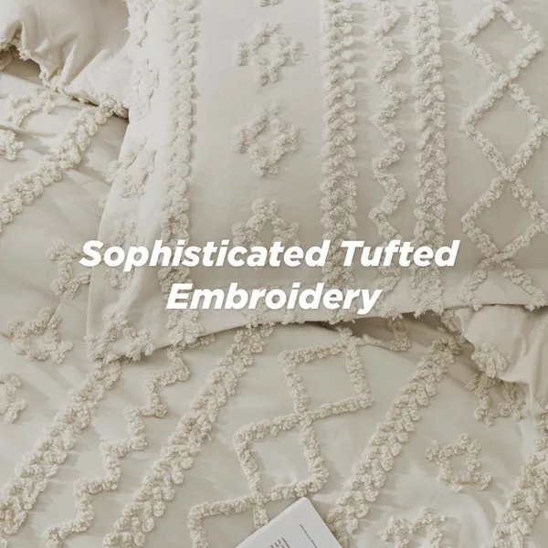 Pallet: 3Pcs Tufted Boho Farmhouse Shabby Chic Embroidery Beige Queen Size Comforter Set - Bedsure