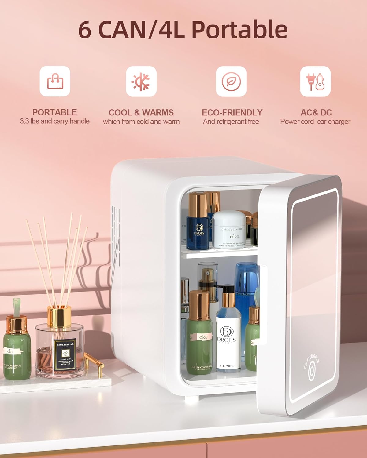 Pallet: Skincare Fridge With Dimmable LED Light Mirror, 4L Makeup Mini Fridge