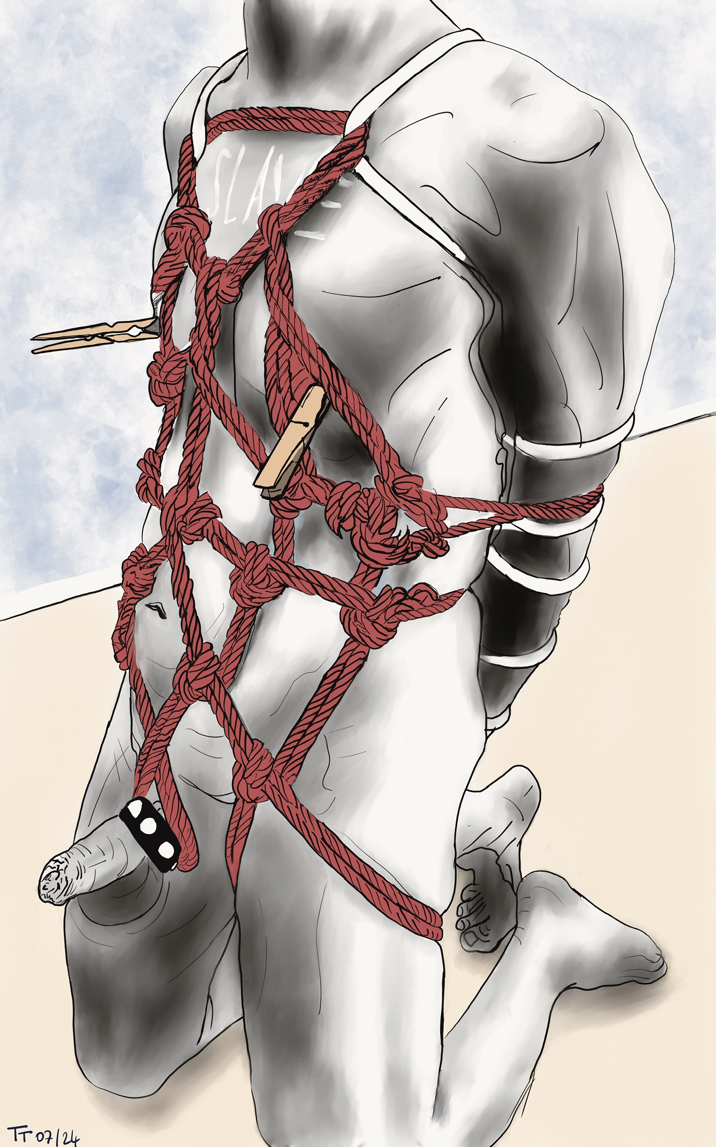 Headless slave, bound on his knees