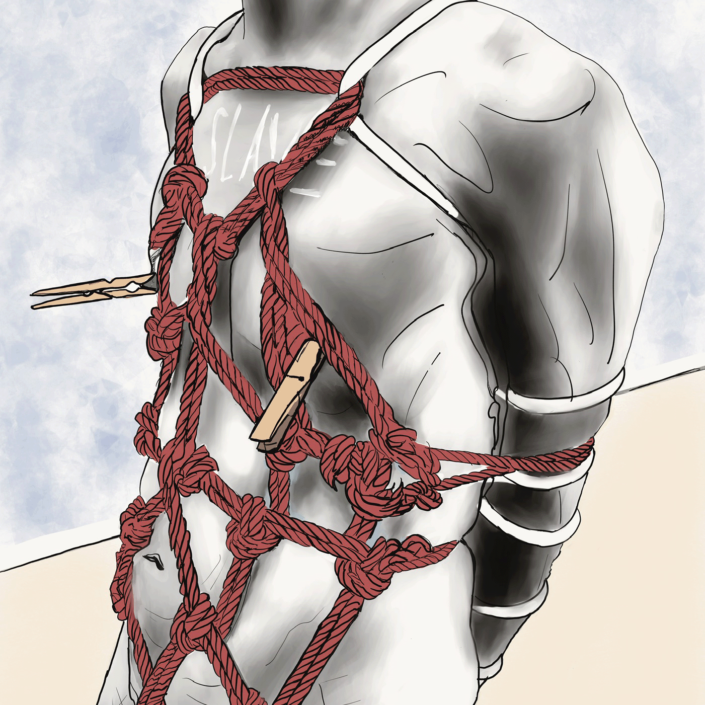 Headless slave, bound on his knees