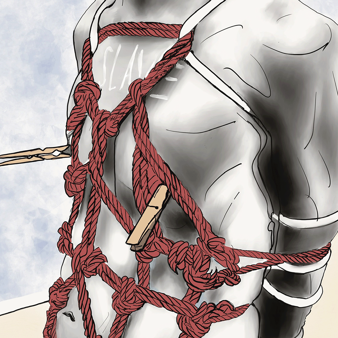 Headless slave, bound on his knees