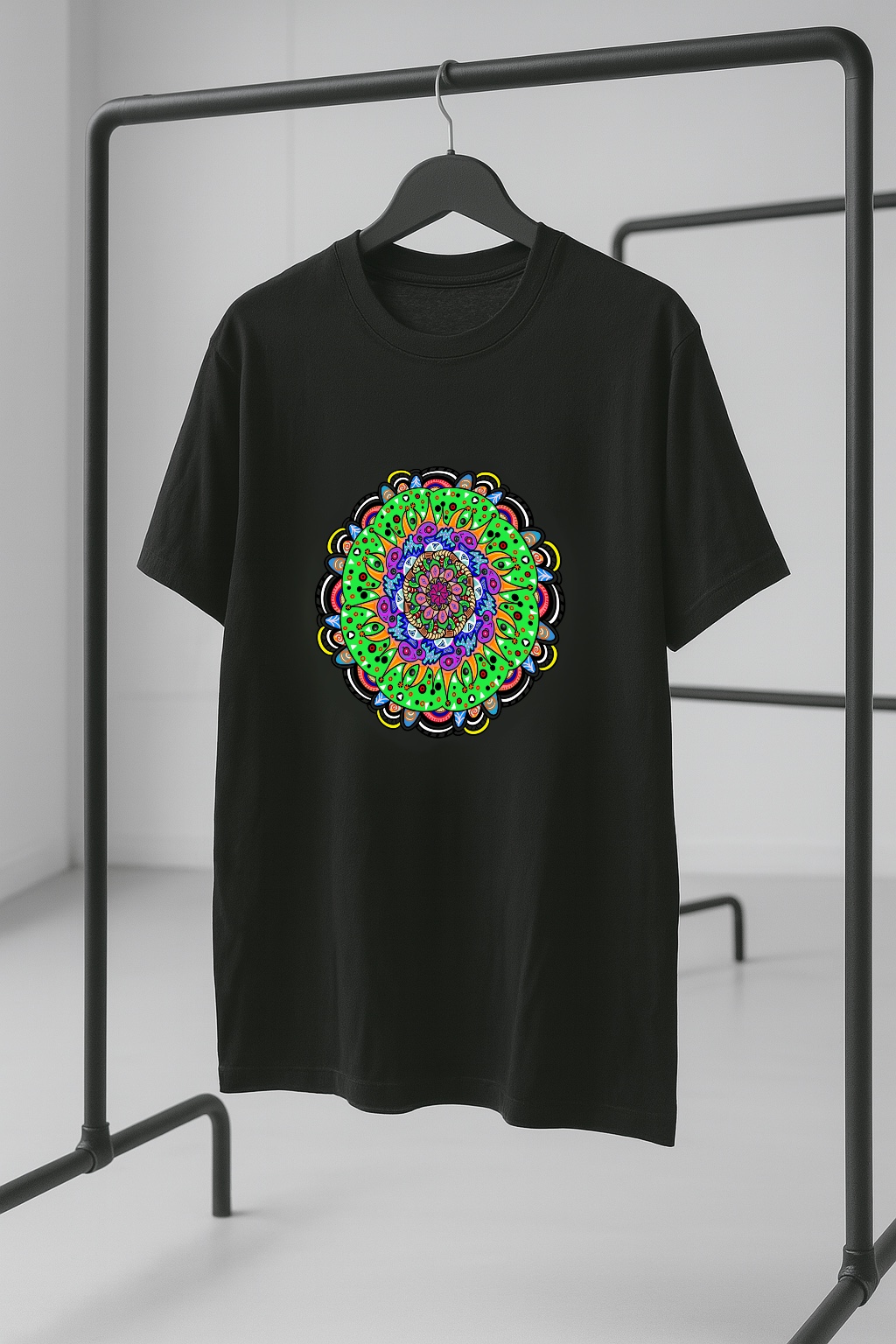 Black T-shirt with Vibrant Mandala Design