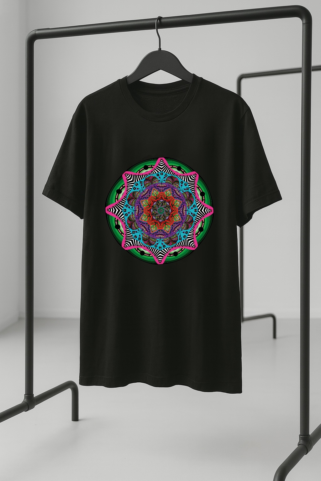 Black T-shirt with Psychedelic Mandala Print