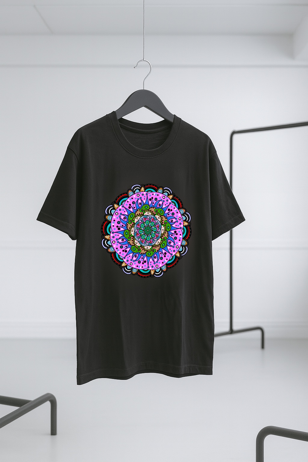 Black T-Shirt with Colorful Mandala Design
