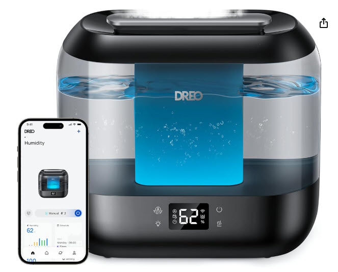 Dreo Smart Humidifiers for Bedroom, Top Fill 4L Cool Mist Humidifier with Nightlight, 32H Runtime, Touch/APP/Voice Control, Quiet Ultrasonic Humidifiers for Large Room, Home, Baby, Plants, Office