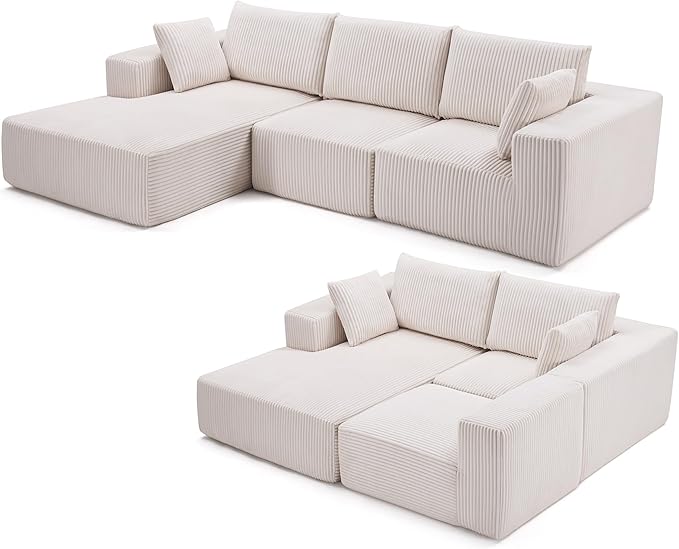 108” Modular Sectional Sofa, Sponge Sectional Sofa Couch for Living Room, Modular L-Shape Sofa Couch with Chaise, Ivory