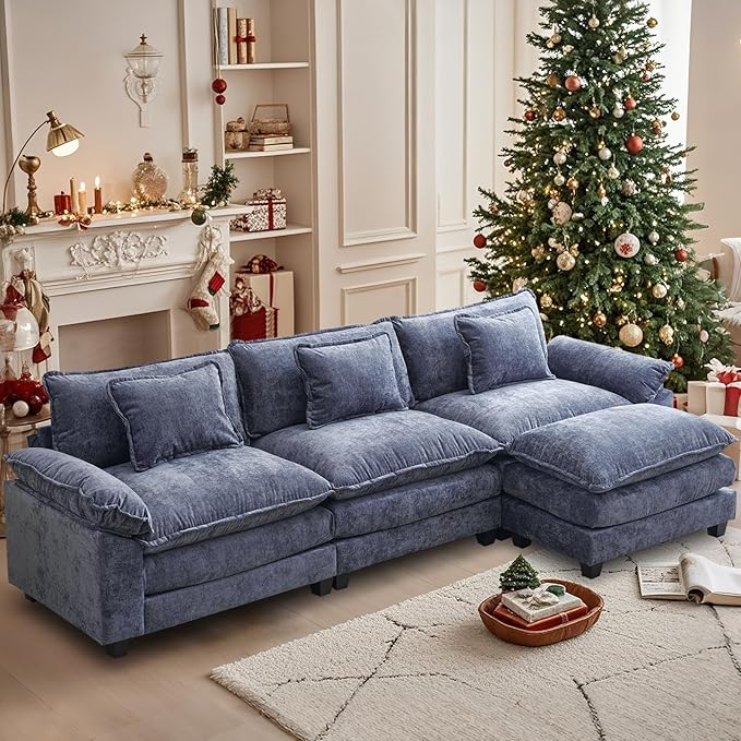 Sectional Sofa Modular Cloud Couch Upholstered Deep Seat Cloud Sofas with Ottoman Comfy Chenille Sofa Sleeper for Living Room,Apartment (Blue, L Shaped-3 Seat & Ottoman)