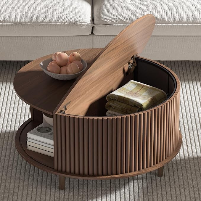 Round Coffee Table with Storage,Mid Century Modern Coffee Table with Sliding Cabinet Door,Coffee Table for Living Room,31.5" Small Center Table,Walnut