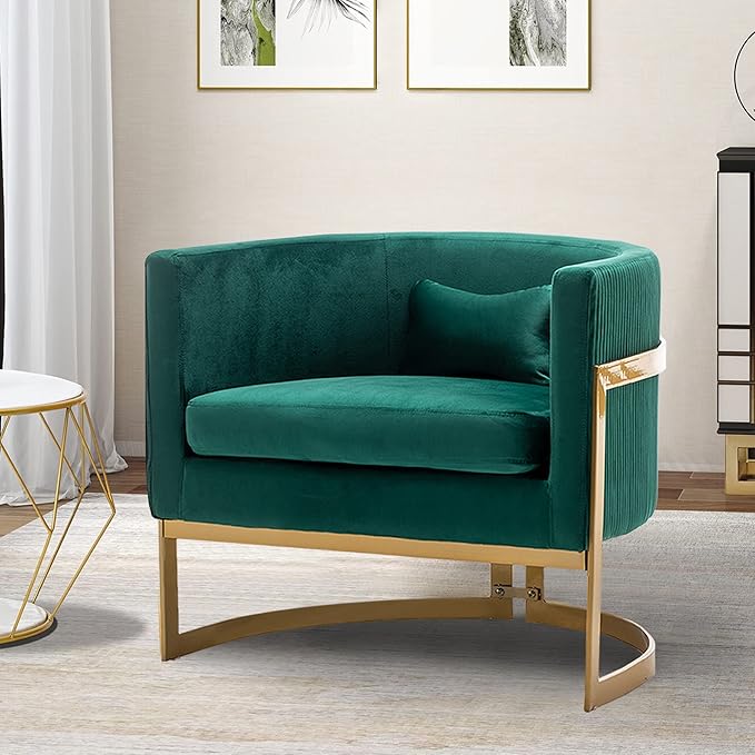 Velvet Accent Chair Green Modern Upholstered Barrel Chair, Wide Arm Chairs for Living Room Bedroom Club Side Chairs with Gold Legs
