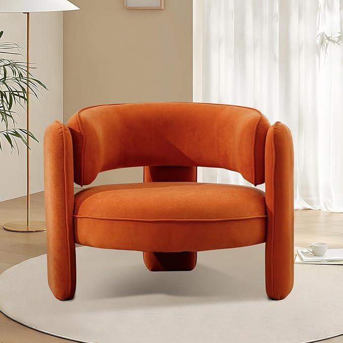 INZOY Mid Century Modern Accent Chair with Velvet Fabric, Comfy Sherpa Accent Chair with Montage Design, Upholstered Boucle Armchair Barrel Chair for Living Room Bedroom Apartment, Orange