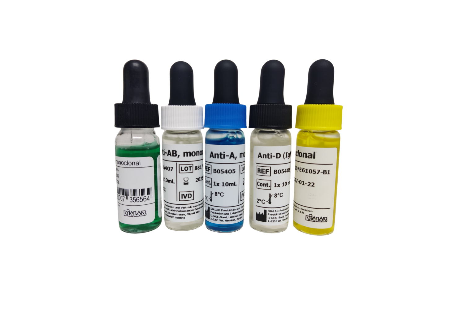 Sueros hemoclasificadores Anti-A, Anti-B, Anti-AB, Anti-D (IgM/IgG), Anti-HG