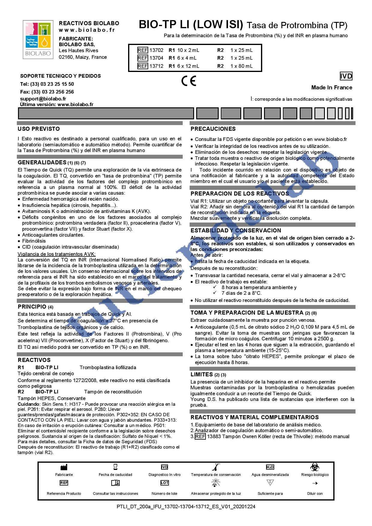 Reactivo BIO-TP LI (LOW ISI) Tasa de Protrombina (TP)