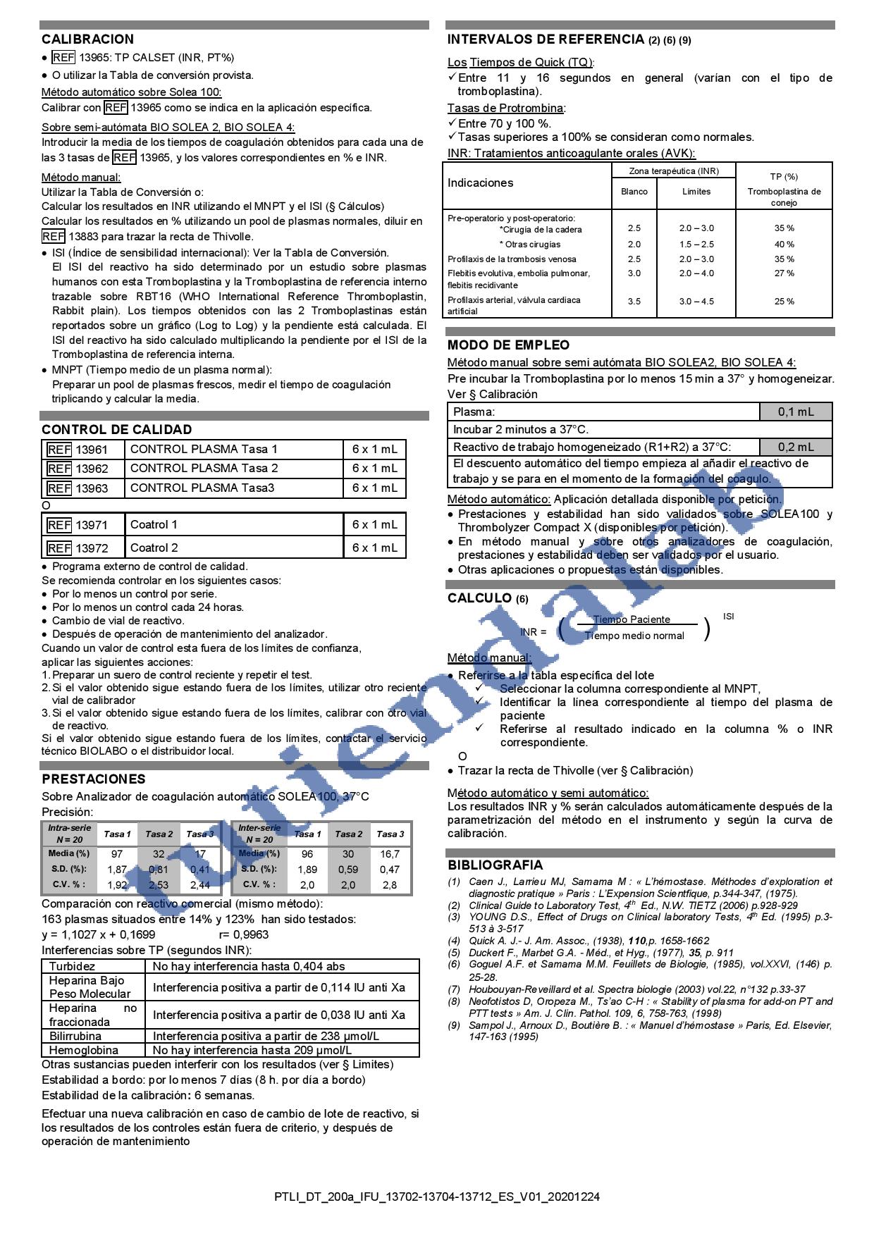 Reactivo BIO-TP LI (LOW ISI) Tasa de Protrombina (TP)