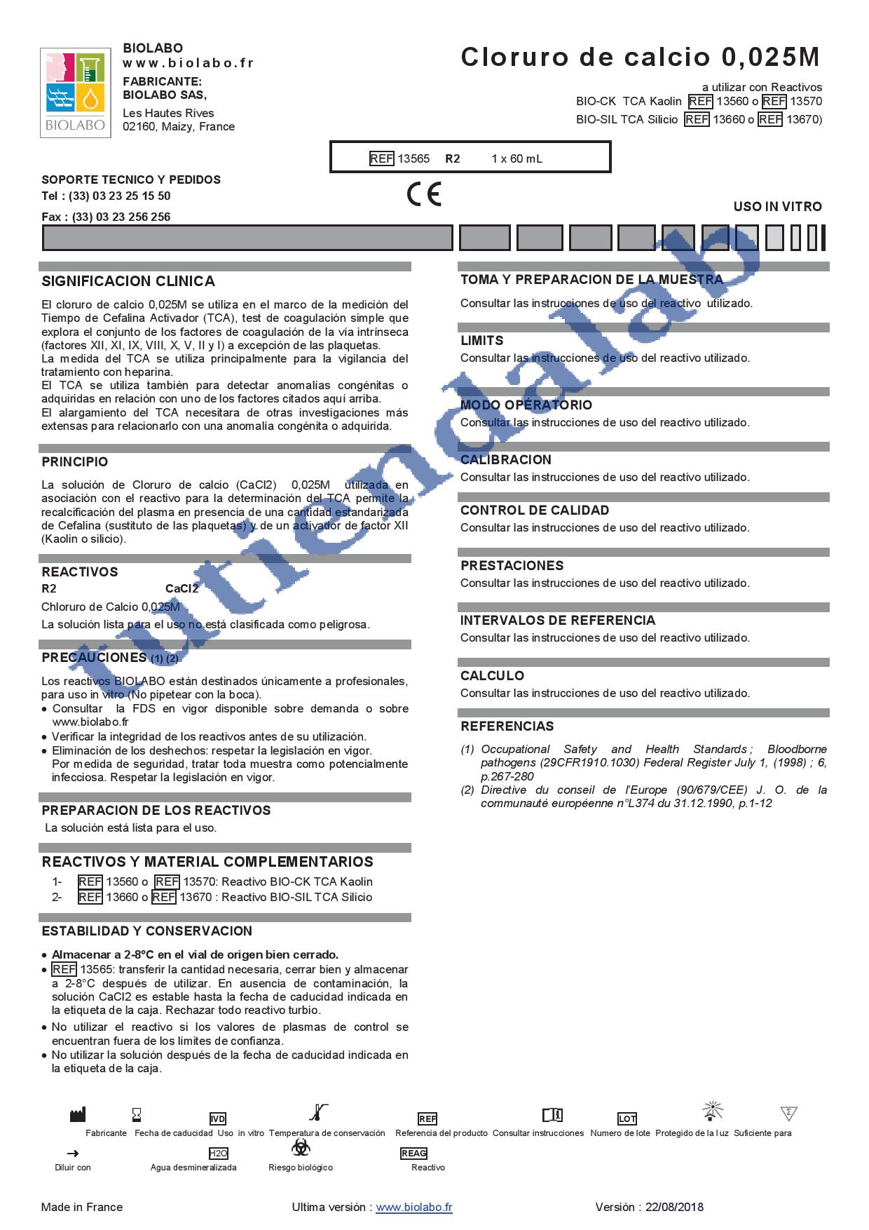 Reactivo Cloruro de calcio 0,025M