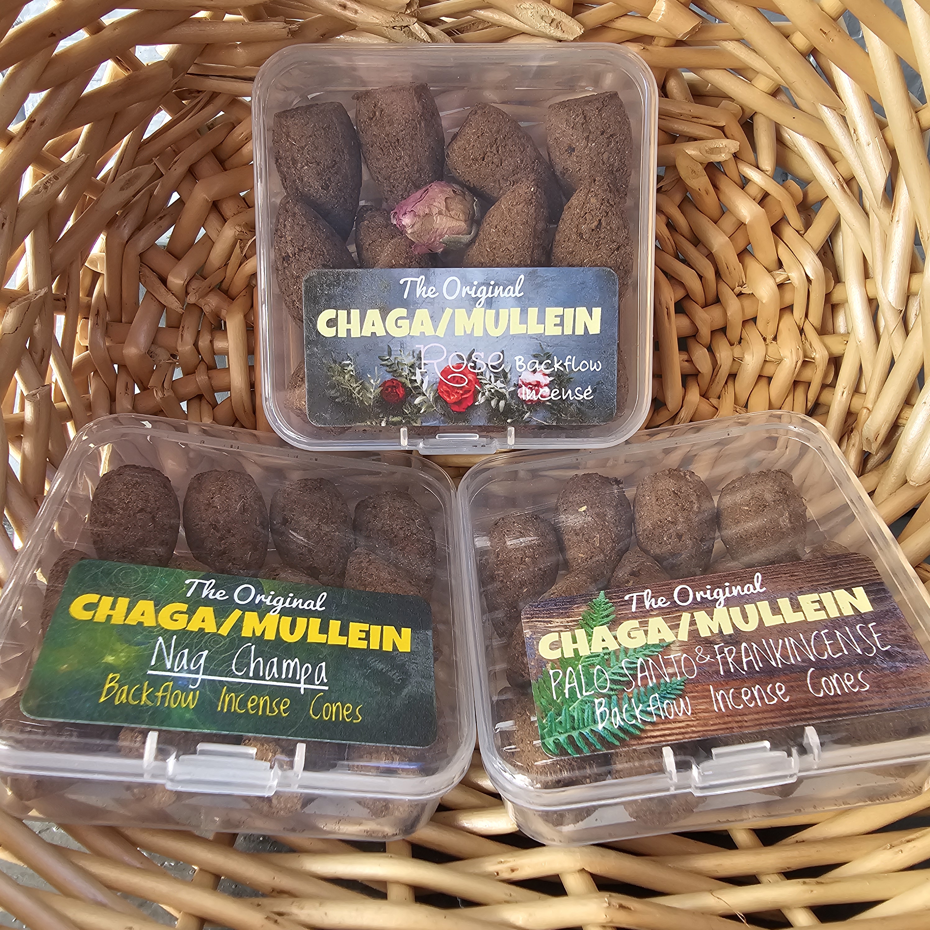 The Original Neurologically Calming Chaga/Mullein Incense Cones (1 package each of Rose, Nag Champa and Palo Santo/Frankincense 36 total cones))
