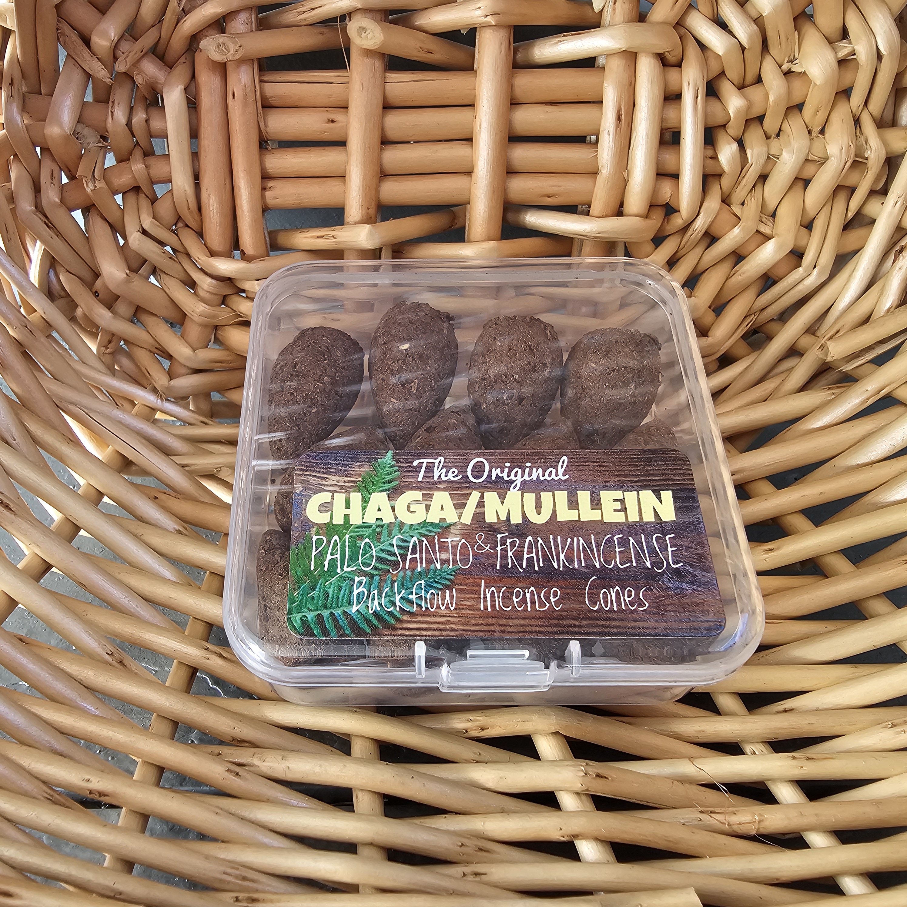 (Palo Santo & Frankincense) Worlds First Neurologically Calming Chaga/Mullein Backflow Incense Cones (Pack of 12)