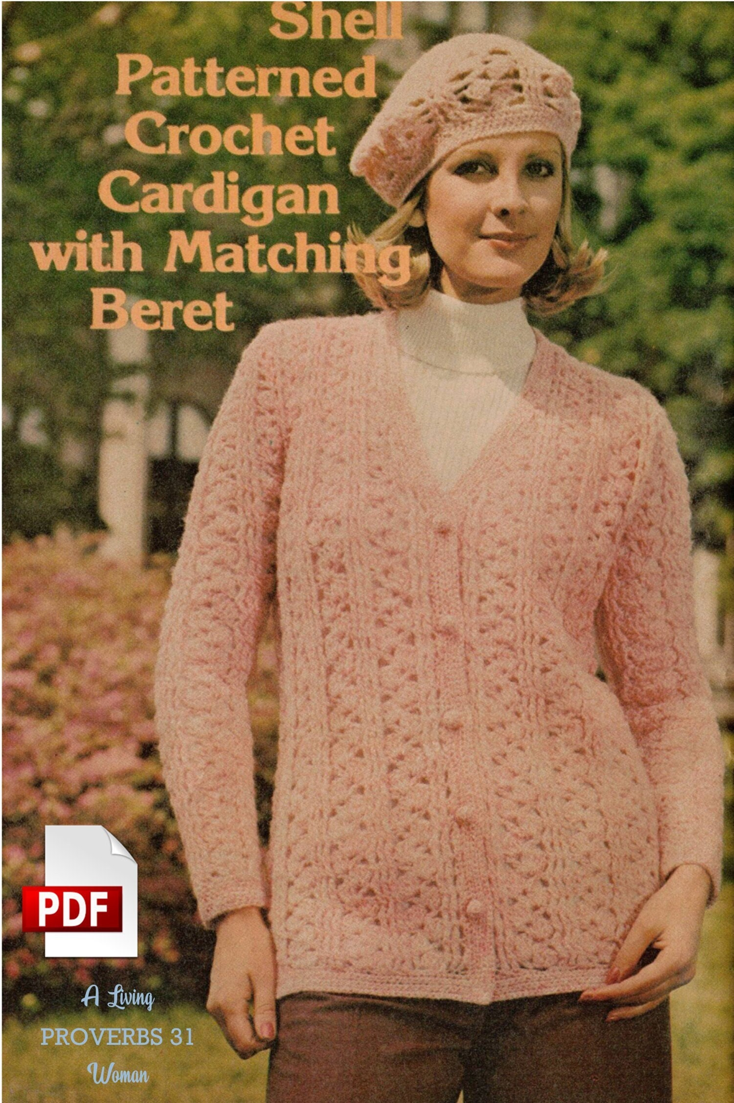 Shell Patterned Crochet Cardigan with Matching Beret Pattern Vintage PDF Download