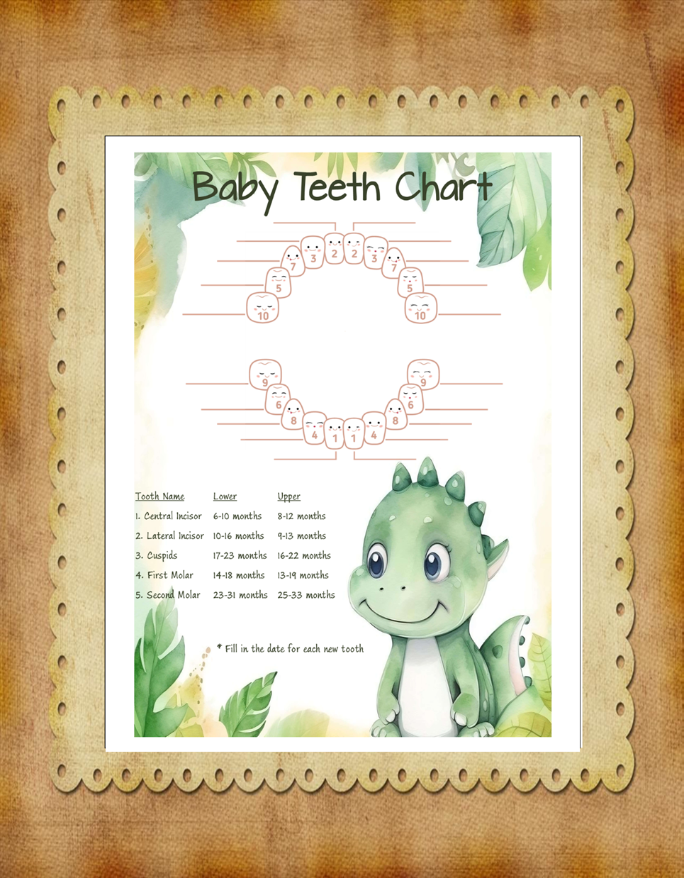 Dinosaur Baby Teeth Chart – Teeth Tracker for Baby Milestones