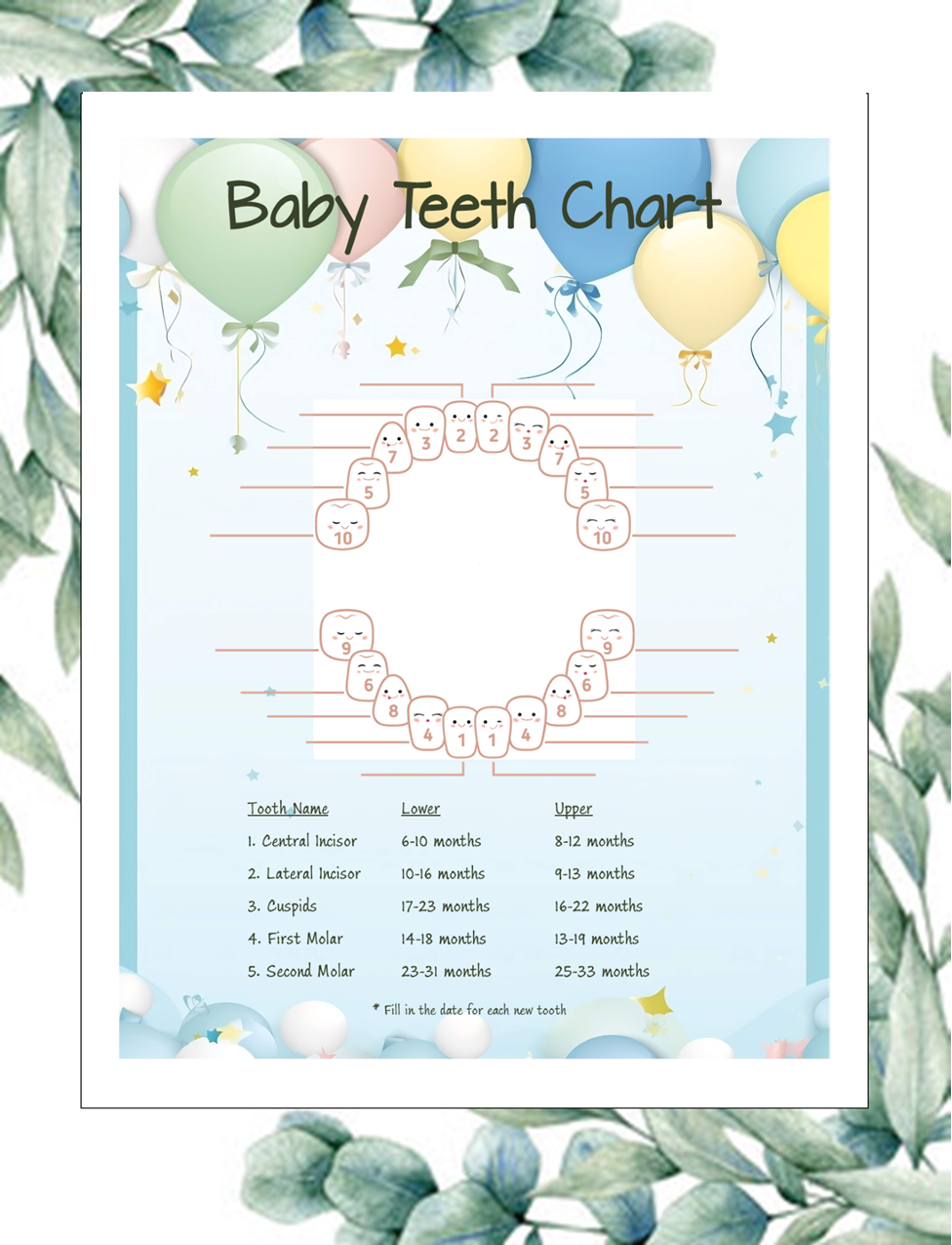 Balloon Baby Teeth Chart – Printable Baby Milestone Tracker