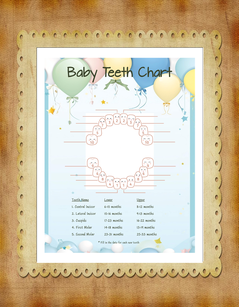 Balloon Baby Teeth Chart – Printable Baby Milestone Tracker