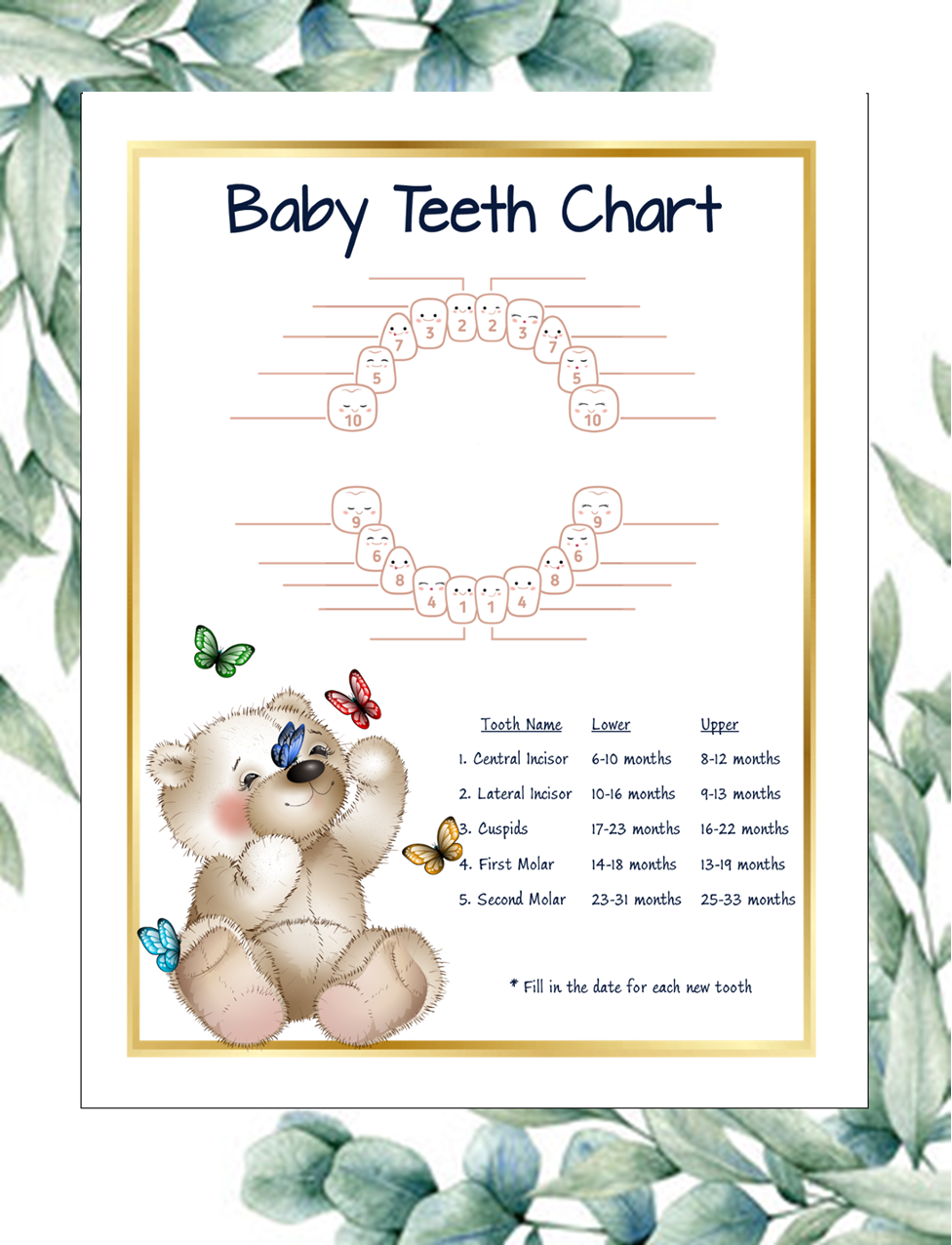 White Bear Baby Teeth Chart – Printable Baby Milestone Tracker