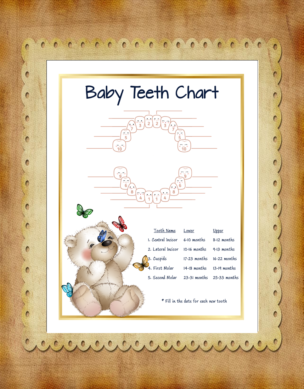 White Bear Baby Teeth Chart – Printable Baby Milestone Tracker