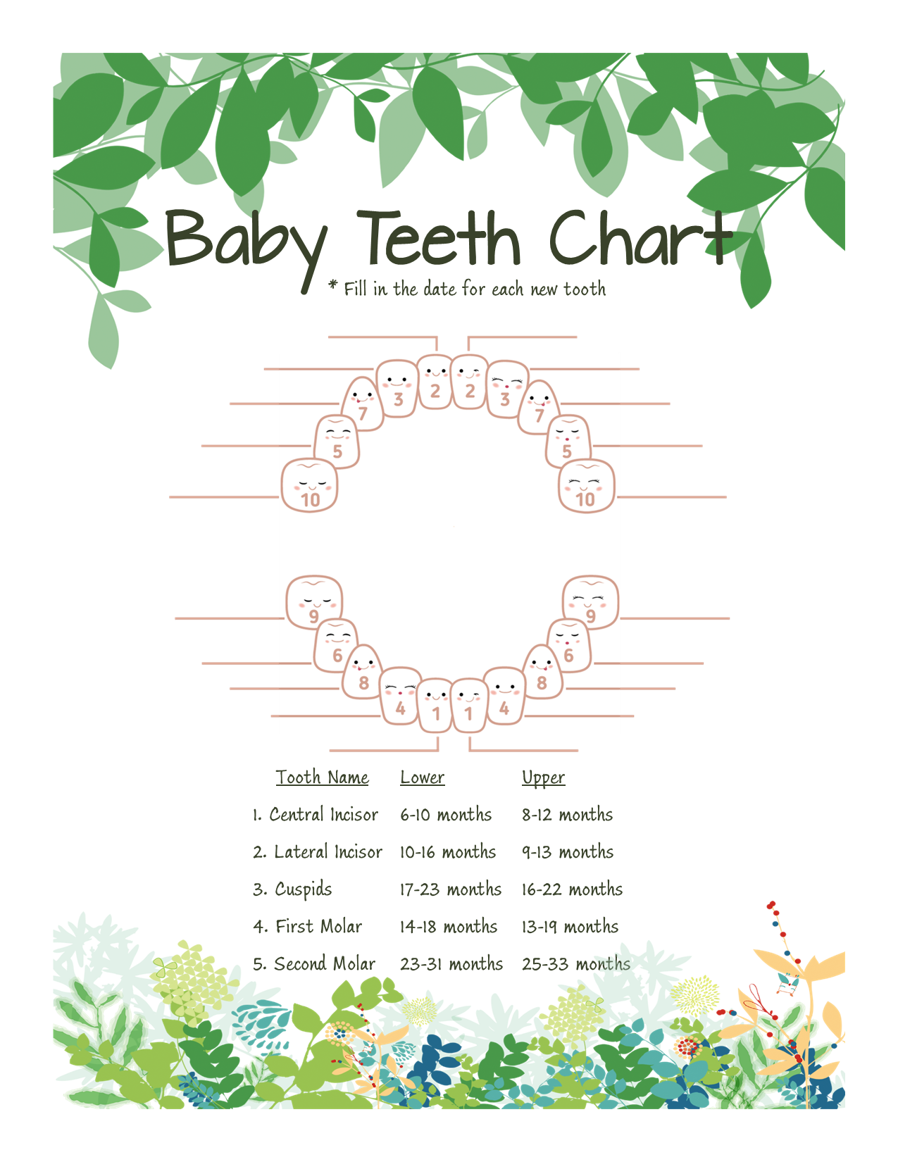 Floral Teeth Chart – Printable Baby Milestone Tracker
