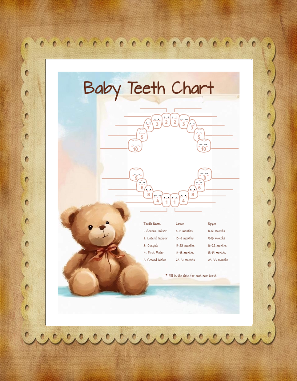 Teddy Blue Teeth Chart – Printable Baby Milestone Tracker