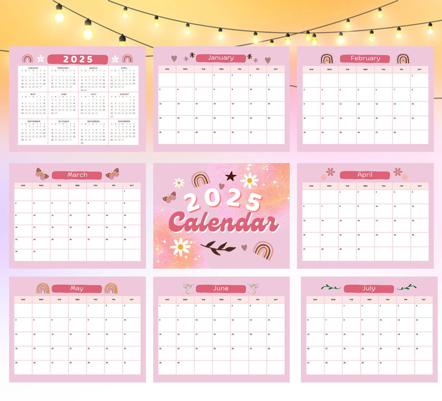 Pink Boho 2025 Calendar & Planner | Digital Download | Monthly, Weekly, and Yearly Layouts