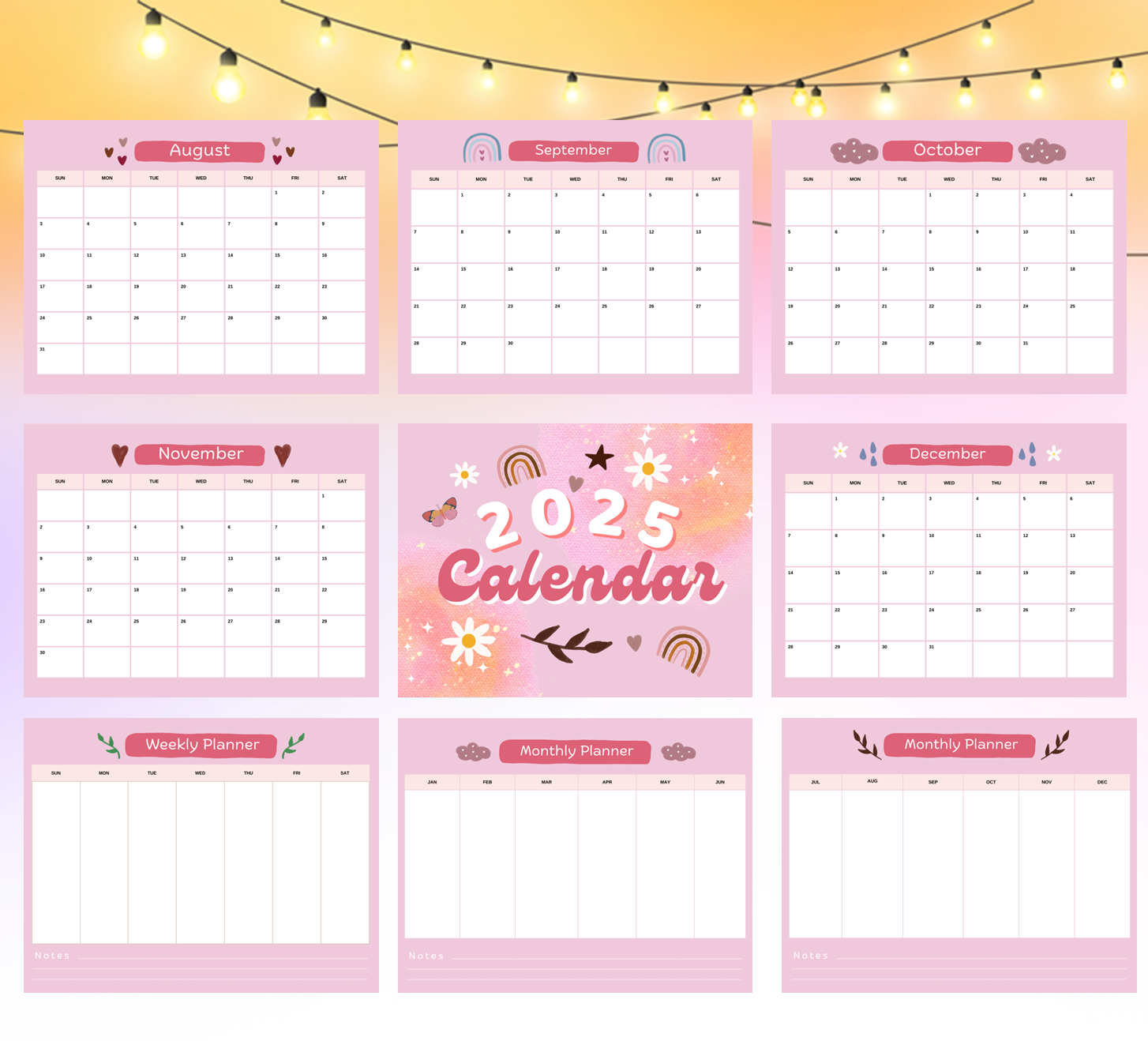 Pink Boho 2025 Calendar & Planner | Digital Download | Monthly, Weekly, and Yearly Layouts