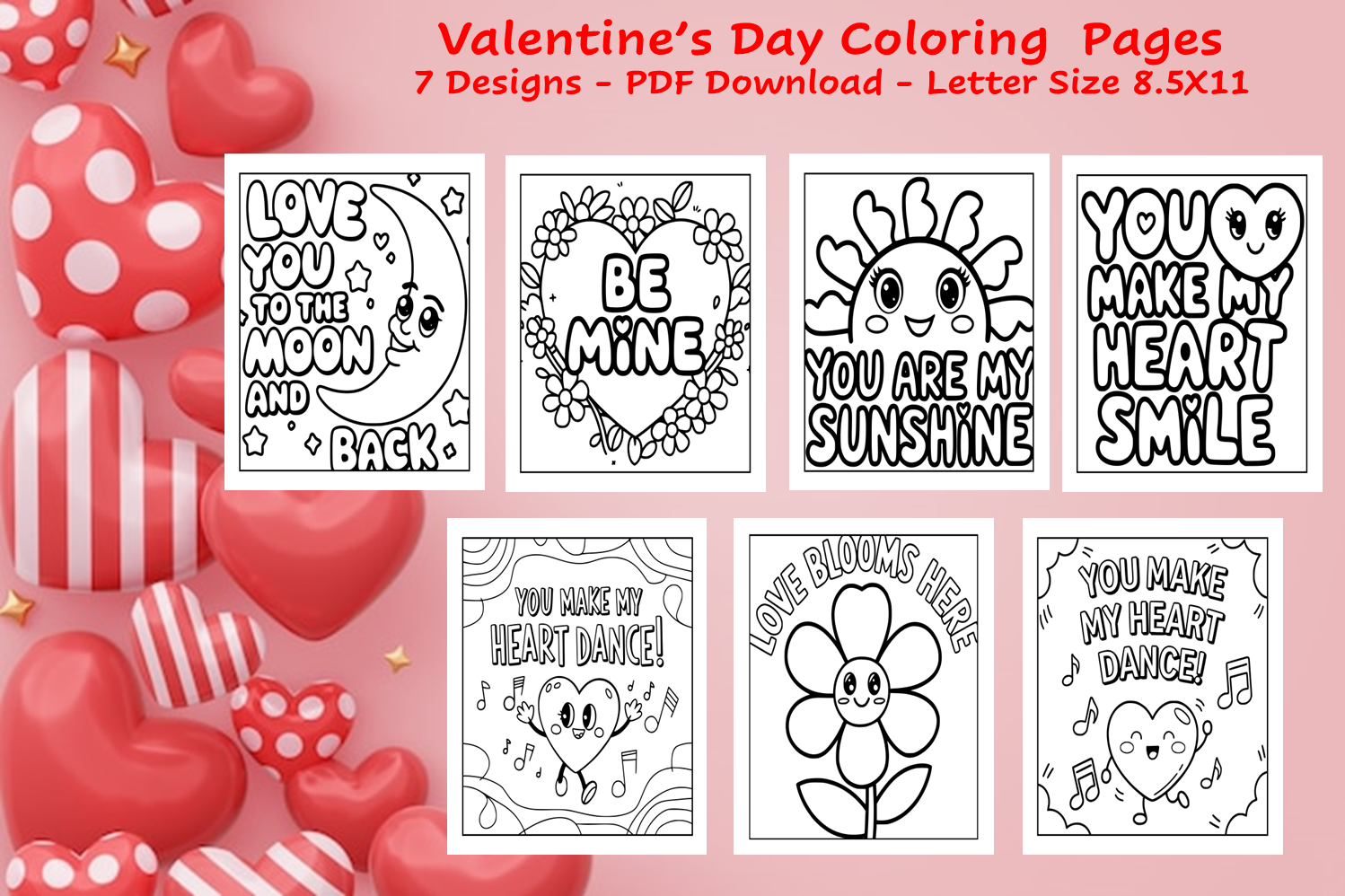 Valentine's Day Coloring Pages PDF Download | Fun & Creative Activities for Kids & Adults | 7 Designs