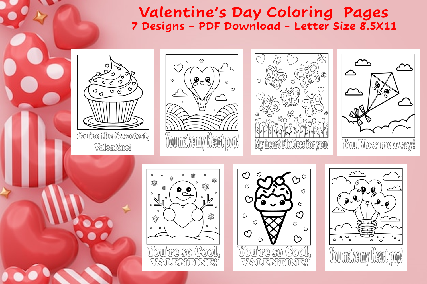Valentine's Day Coloring Pages PDF Download | Fun & Creative Activities for Kids & Adults | 7 Designs