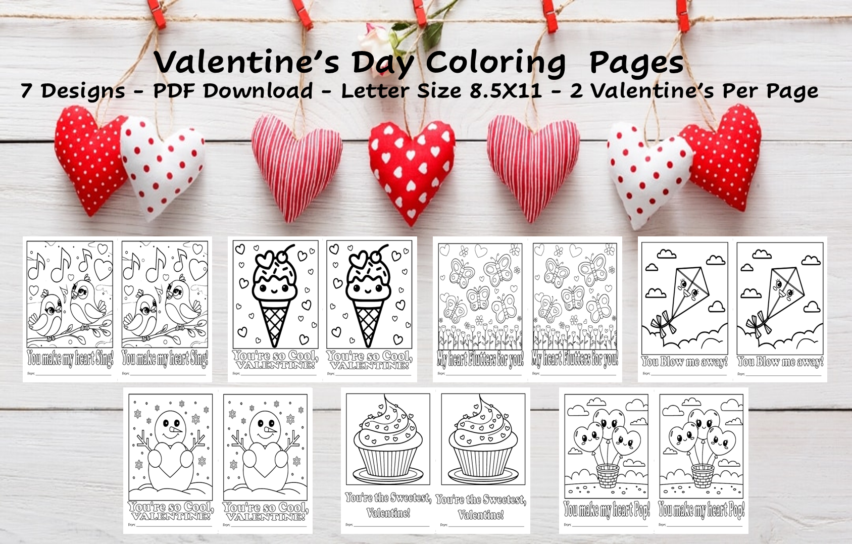 Valentine's Day Cards to Color PDF Download | Fun & Creative Activities for Kids & Adults | 7 Designs