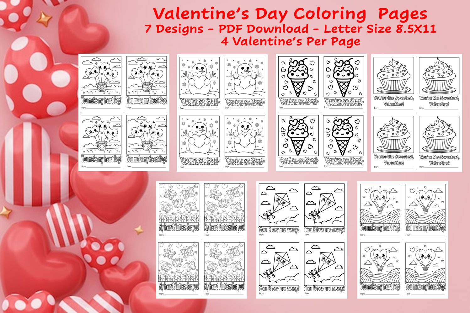 Valentine's Day Cards to Color PDF Download | Mini Coloring Cards | 7 Designs