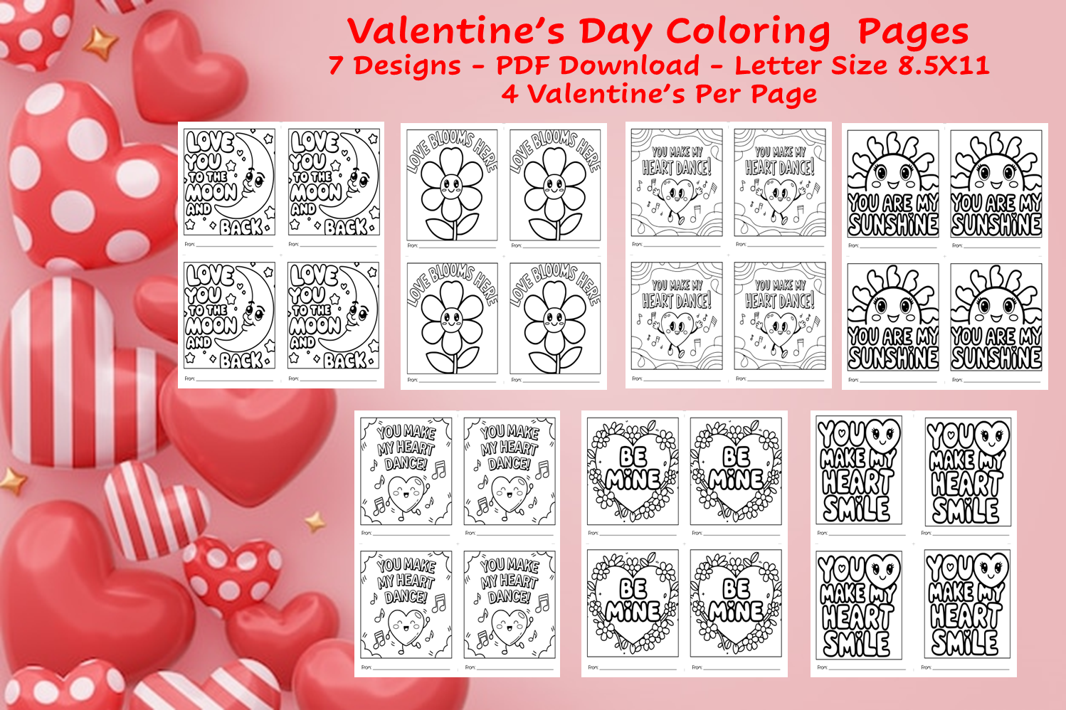 Valentine's Day Cards to Color PDF Download | Mini Coloring Cards | 7 Designs