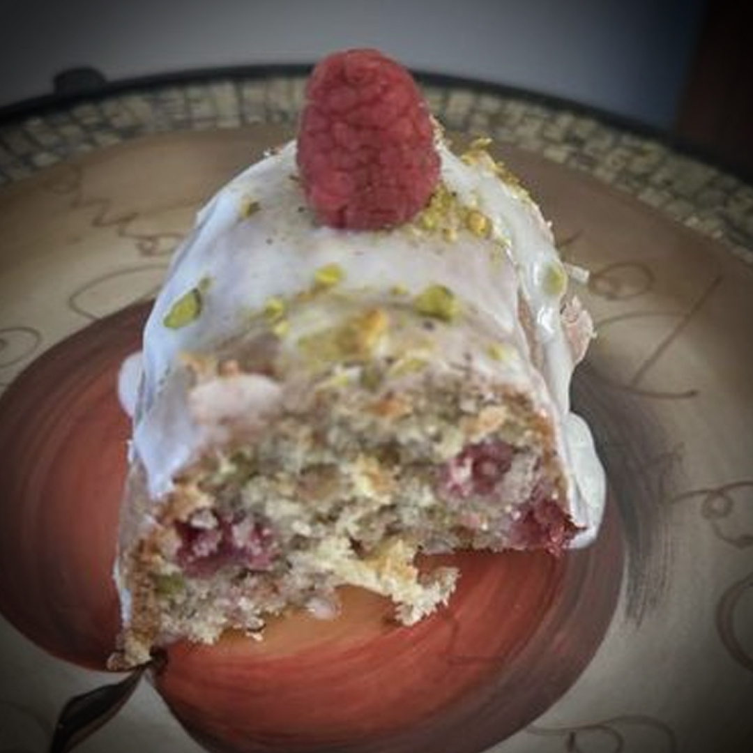 Lemon, Raspberry, & Pistachio Bundt Cake