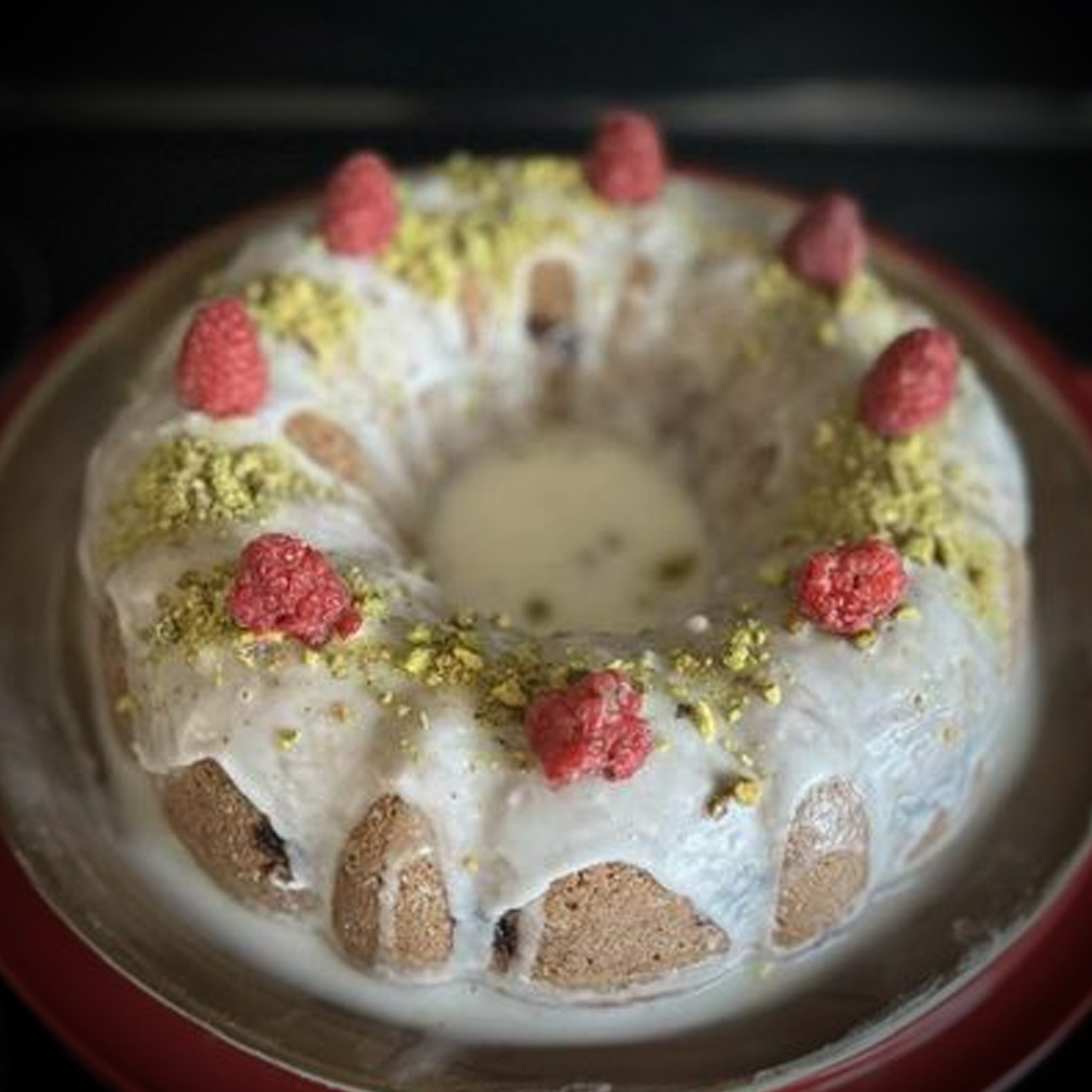 Lemon, Raspberry, & Pistachio Bundt Cake