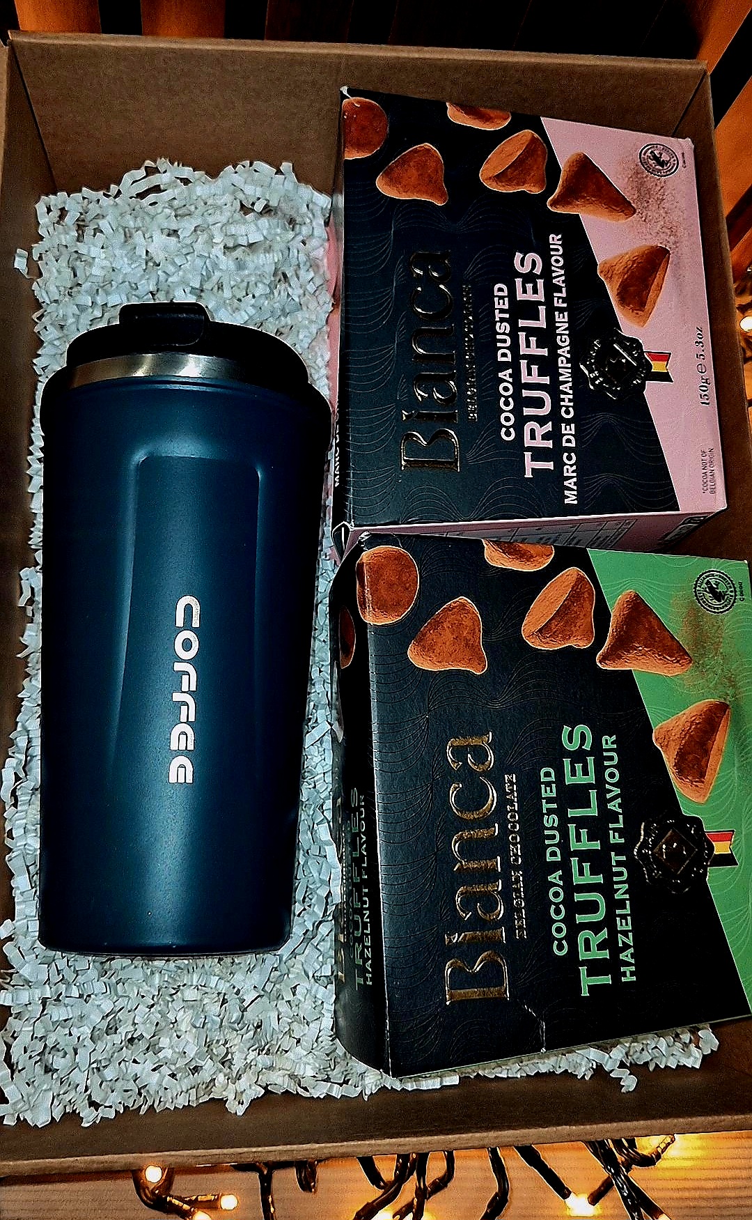 Dovanų rinkinys su termosu ir šokoladiniais triufeliais