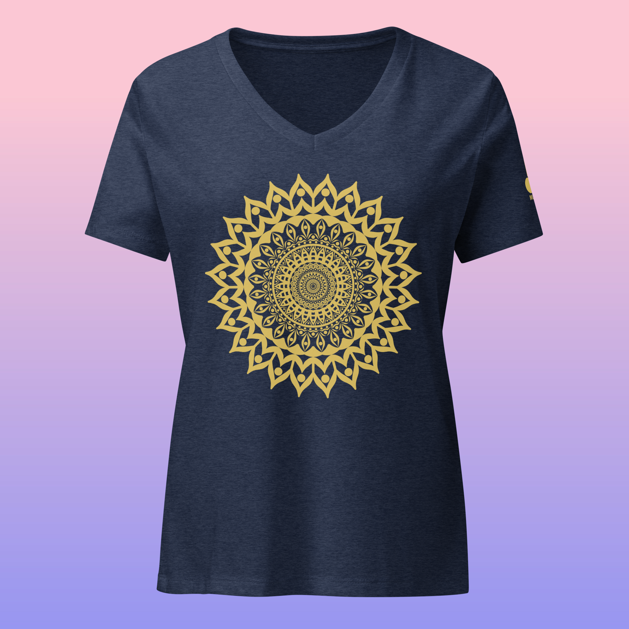 Golden Mandala Print Black V-Neck T-Shirt