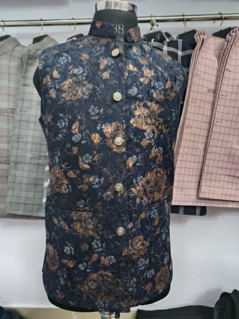 Men’s  Floral Brocade  Jacket – Designer Waistcoat with Golden Rose Pattern