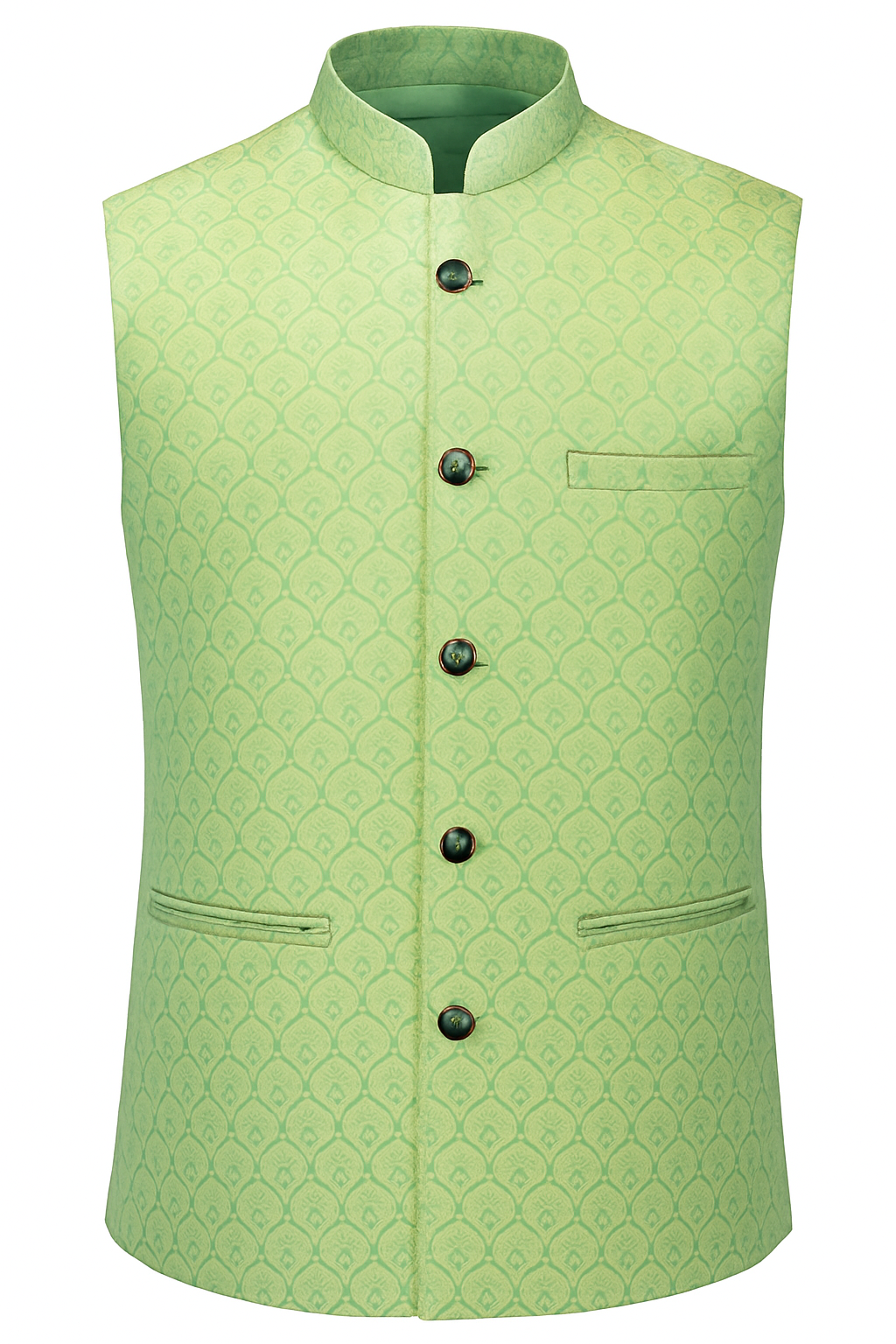 Men’s Designer Silk Waisecoat – Light Green Brocade Waistcoat with Stand Collar