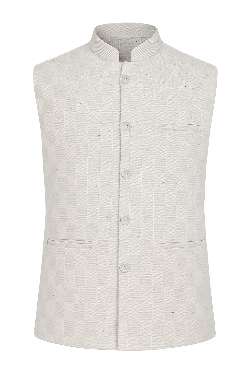 Light Gray Textured Waiscoat Designed with Mandarin collar , button closer and Welt pocket