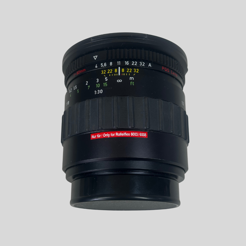 Schneider-Kreuznach lens HFT - APO-Symmar 4/90 mm Macro PQS lens, with front and back cover + special lens shade using filters bayonet-VI