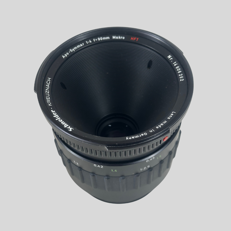 Schneider-Kreuznach lens HFT - APO-Symmar 4/90 mm Macro PQS lens, with front and back cover + special lens shade using filters bayonet-VI
