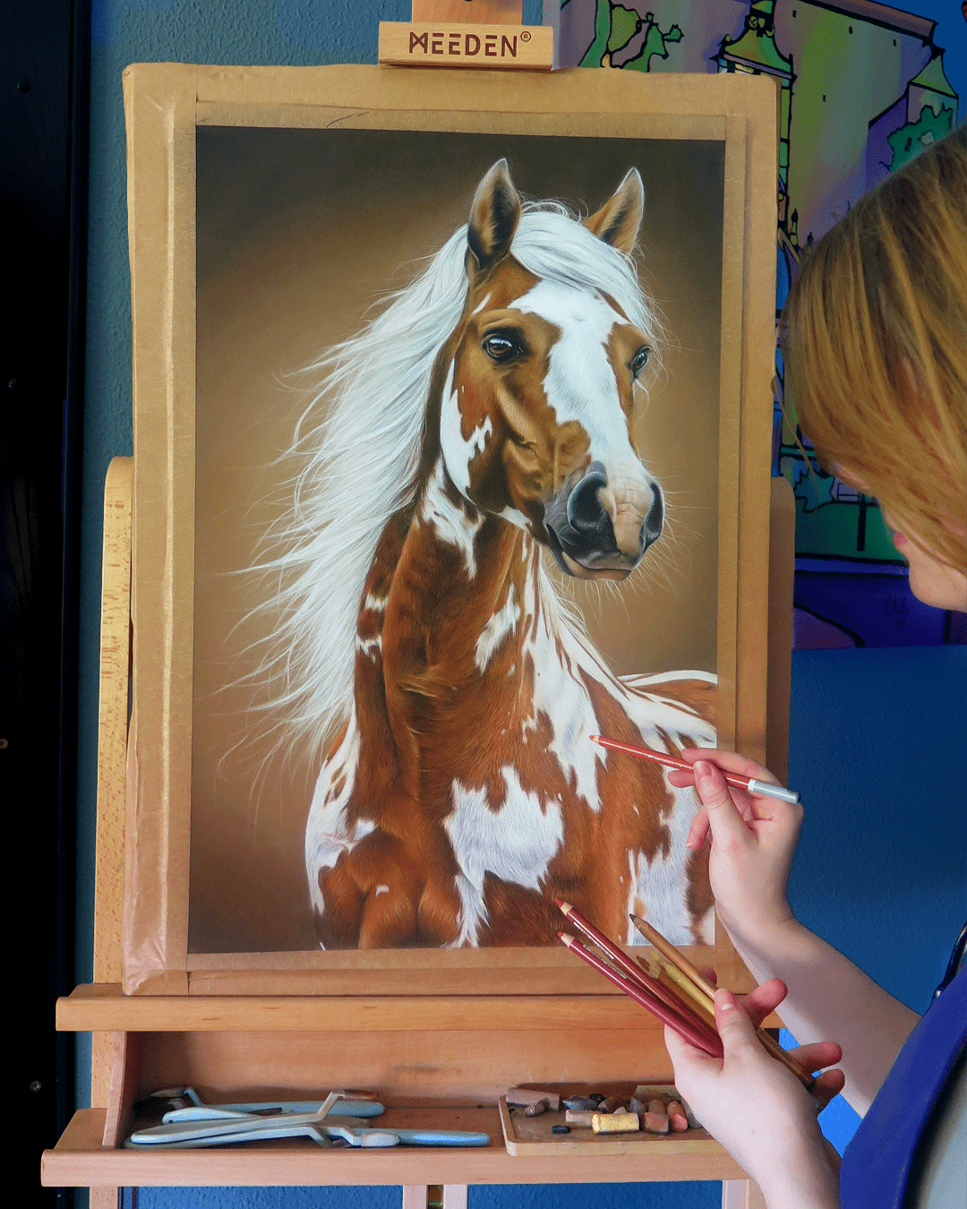 Retrato Caballo blanco y castaño