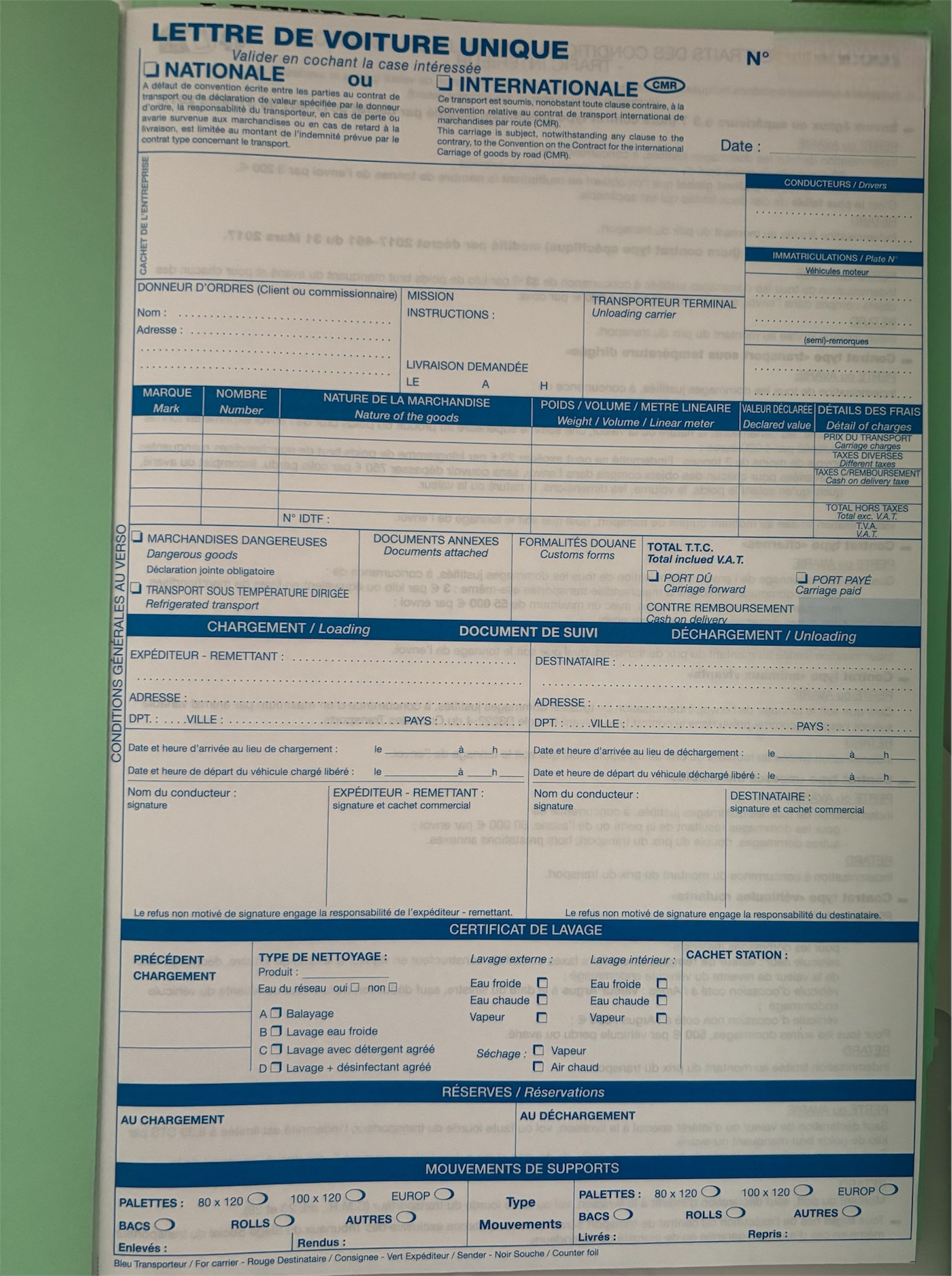 CMR Lettre de voiture unique national ou International avec mention lavage